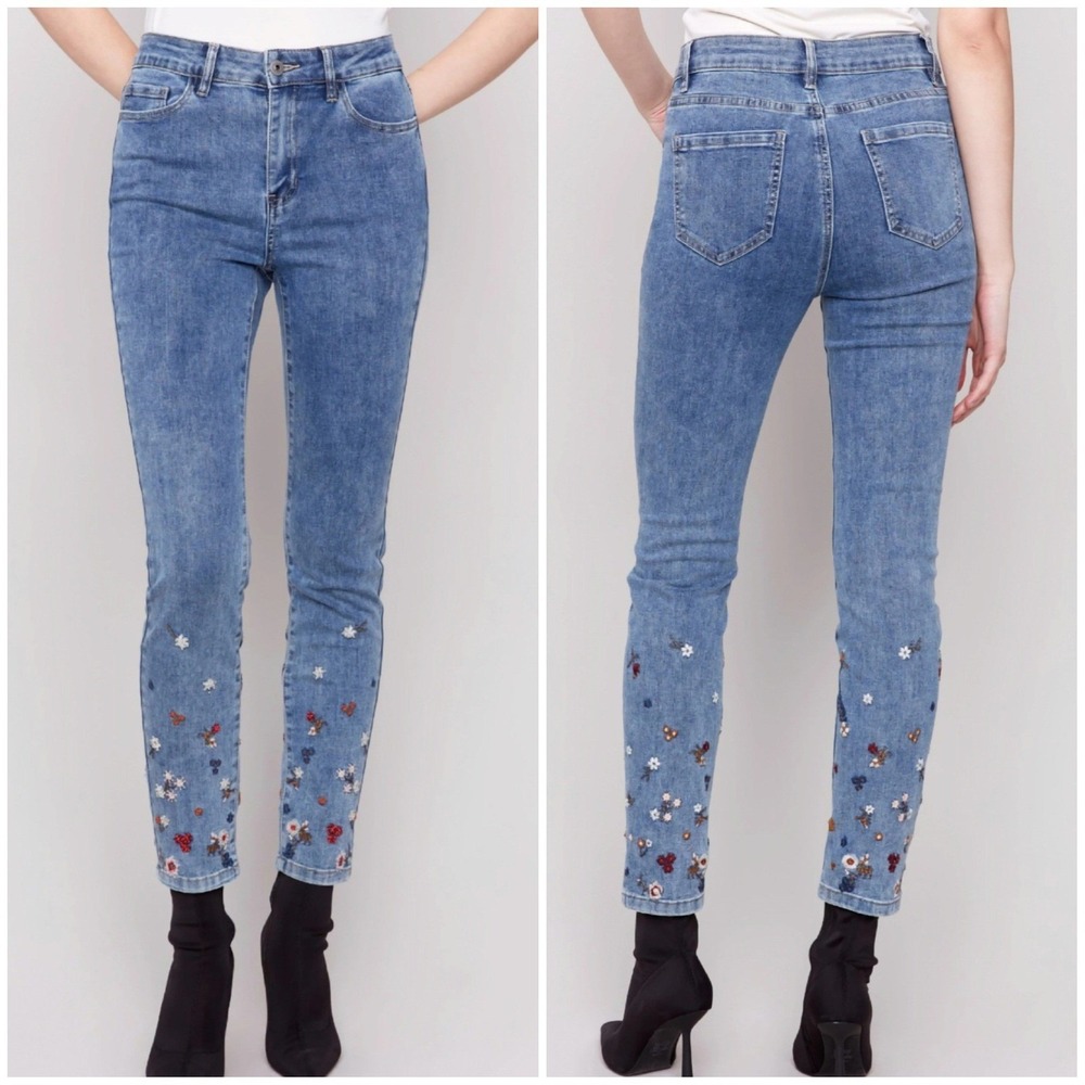 Charlie B Jeans Womens Slim Leg Embroidered Floral Blue Denim Pants Sz 14 $114